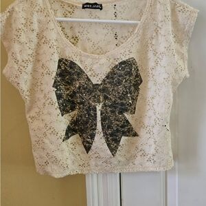 Wet Seal Cream Lace Crop Top with Black Gold Bow NWOT